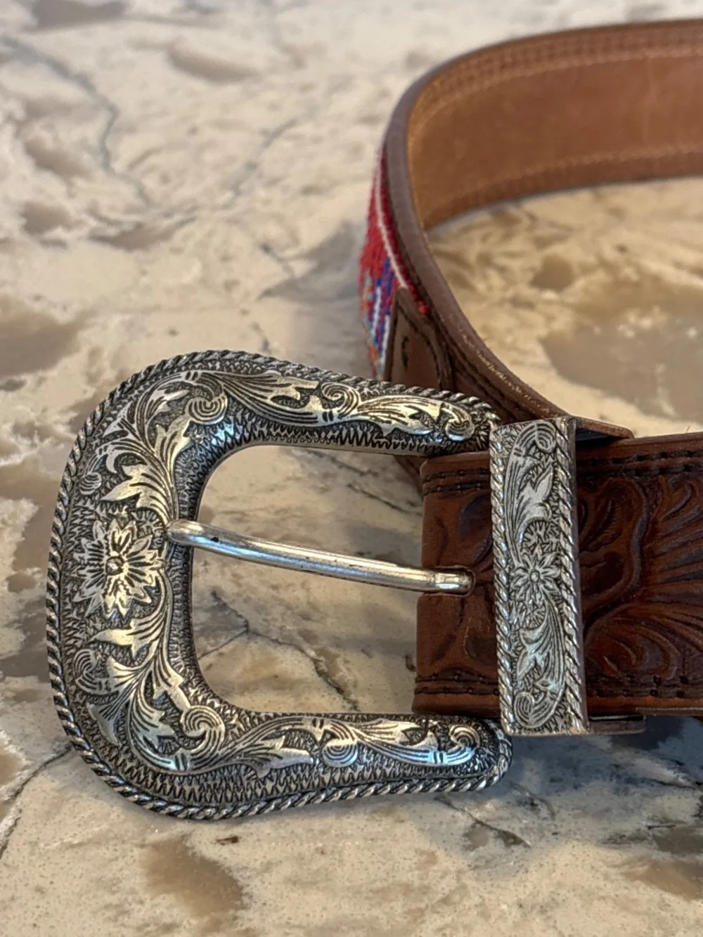Vintage Western Tooled Leather Beaded Belt Red Turquoise SW USA Size 32